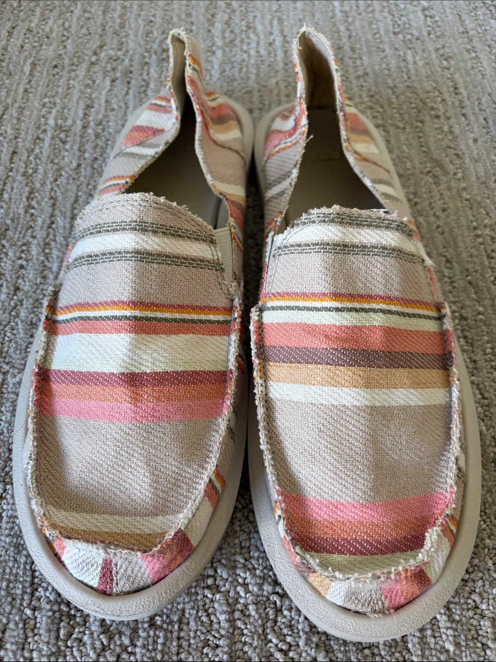 Sanuk Women's Striped Slip-On Moccasins in Coral, Peach & Tan